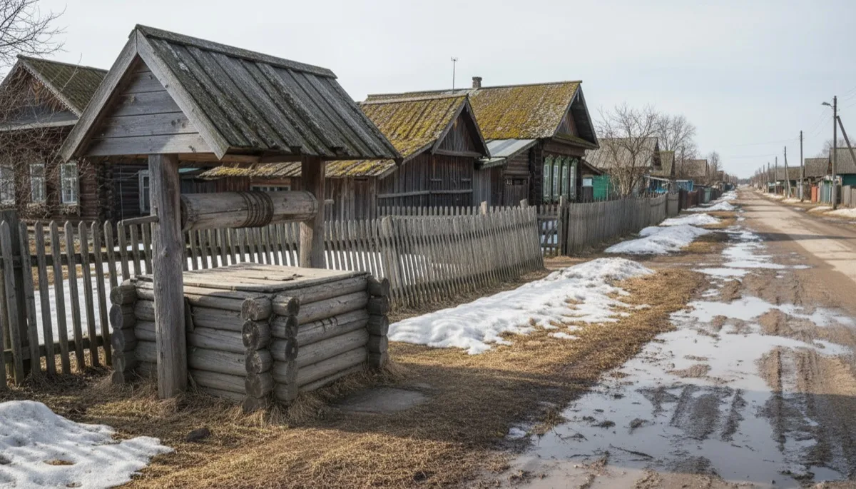 Бревенчатый колодец с двускатным навесом и воротом у деревенской улицы